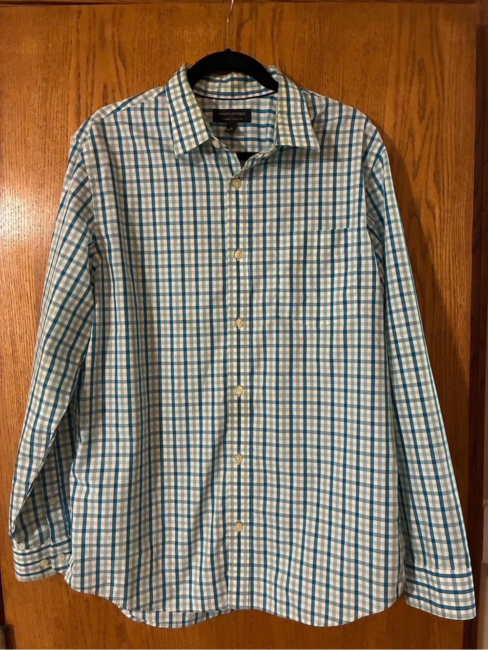 Banana Republic Teal and White Checked Button-Down Shirt